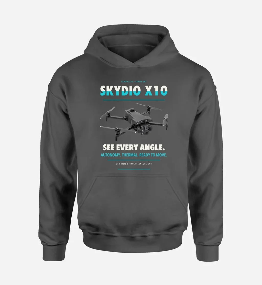 Skydio X10 design on dark gray hoodie single side