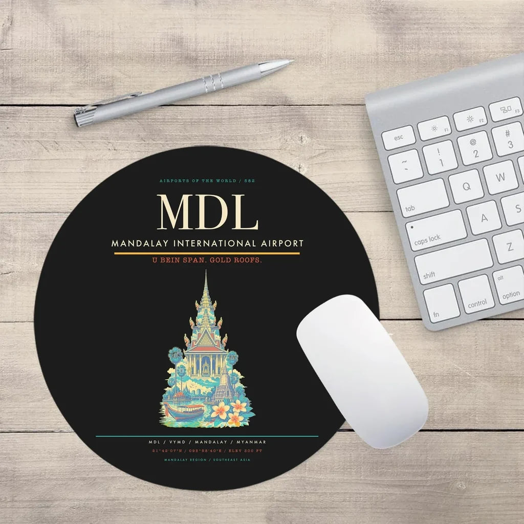 Mandalay International Airport (MDL) design on black round mouse pad