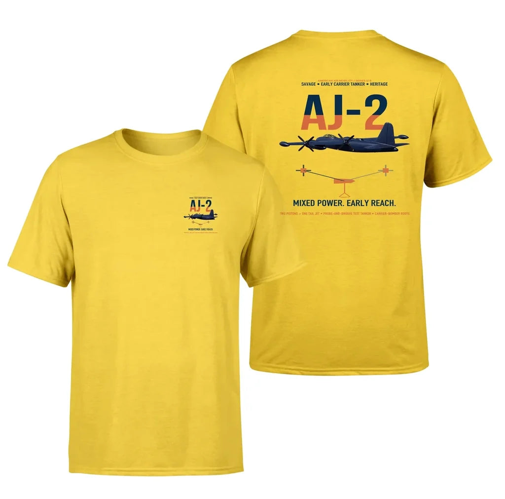 AJ-2 Savage Tanker design on yellow double-side t-shirt, double-side print