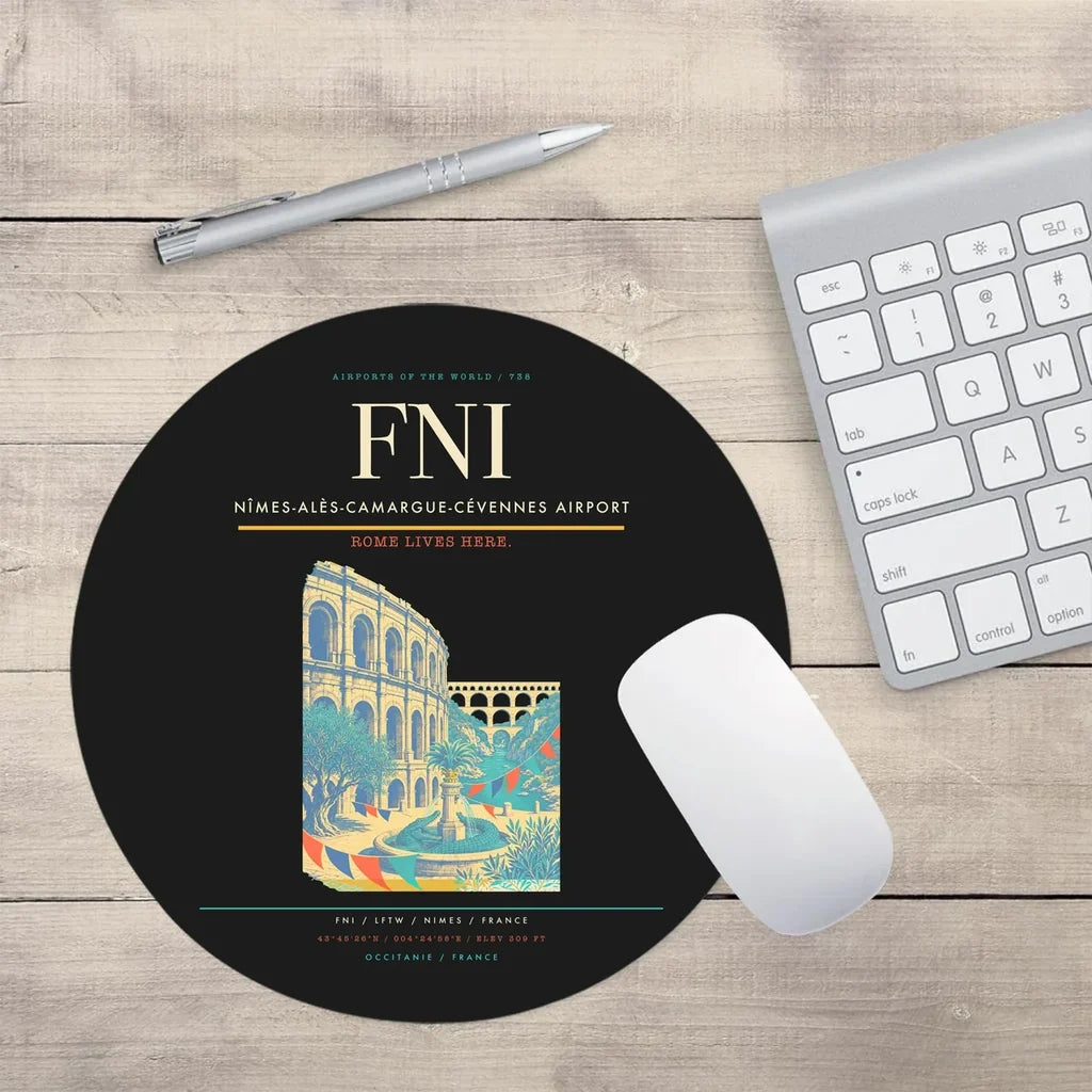 Nîmes-Alès-Camargue-Cévennes Airport (FNI) design on black round mouse pad