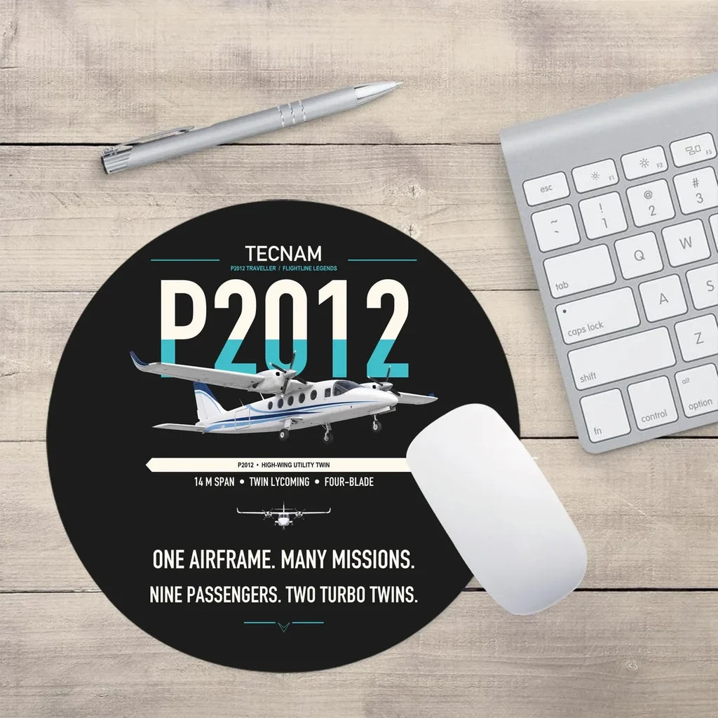 Tecnam P2012 Traveller design on black round mouse pad