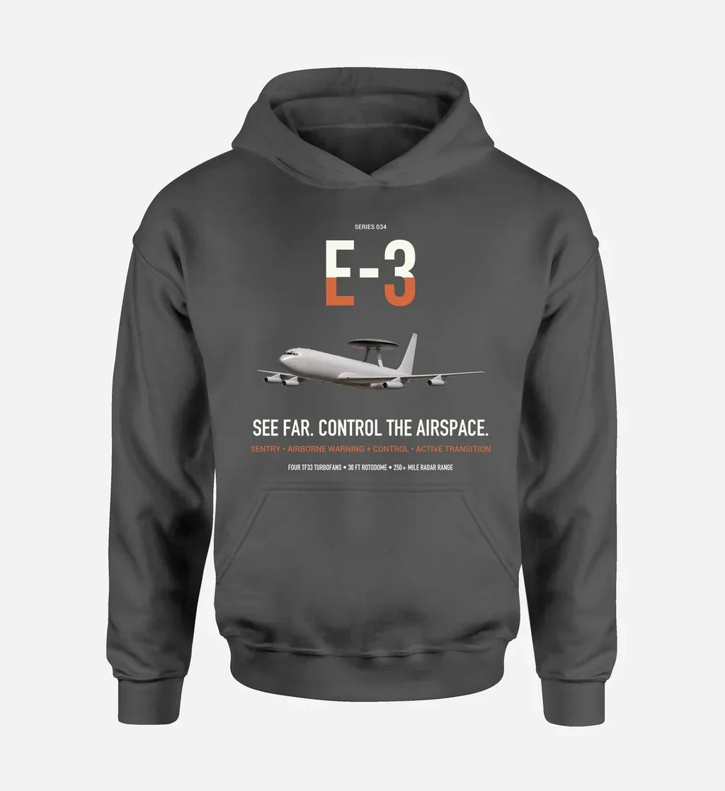 E-3 Sentry AWACS design on dark gray double-side hoodie, single-side print