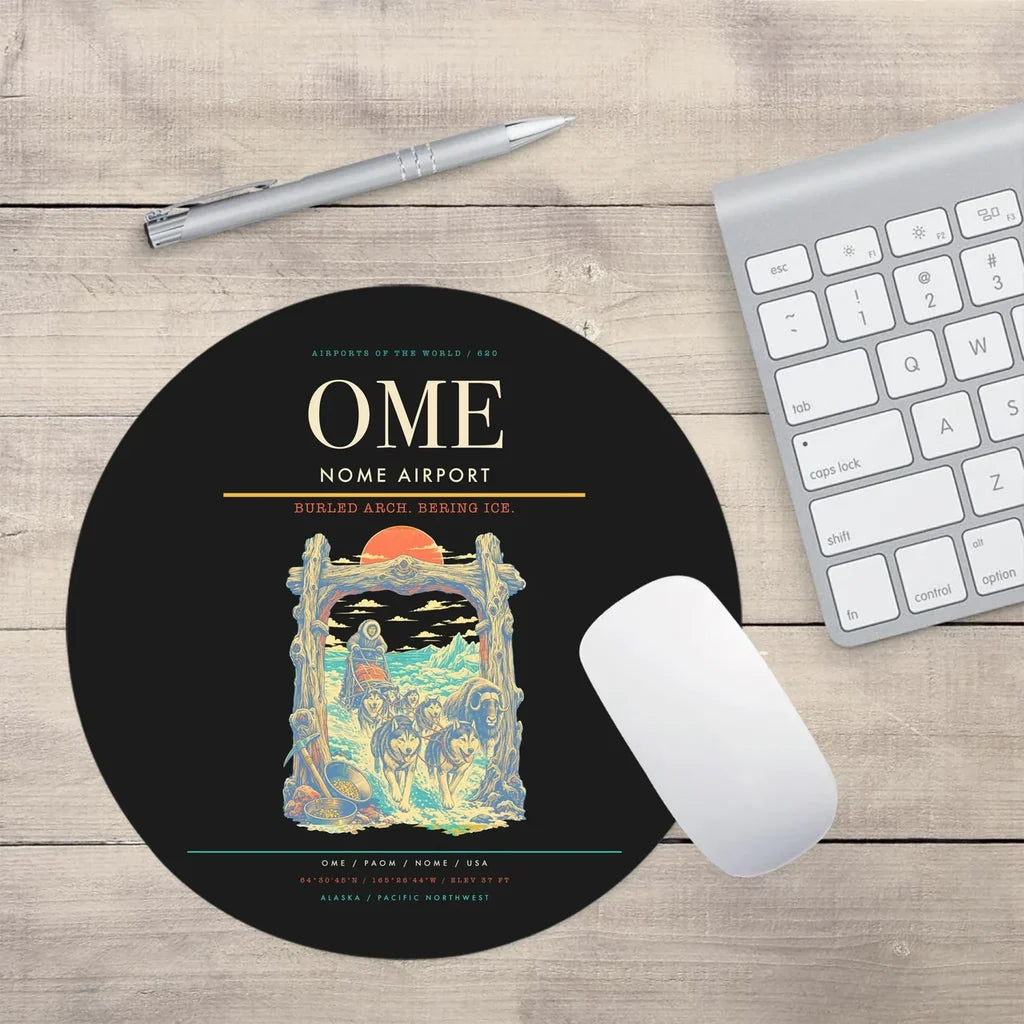 Nome Airport (OME) design on black round mouse pad