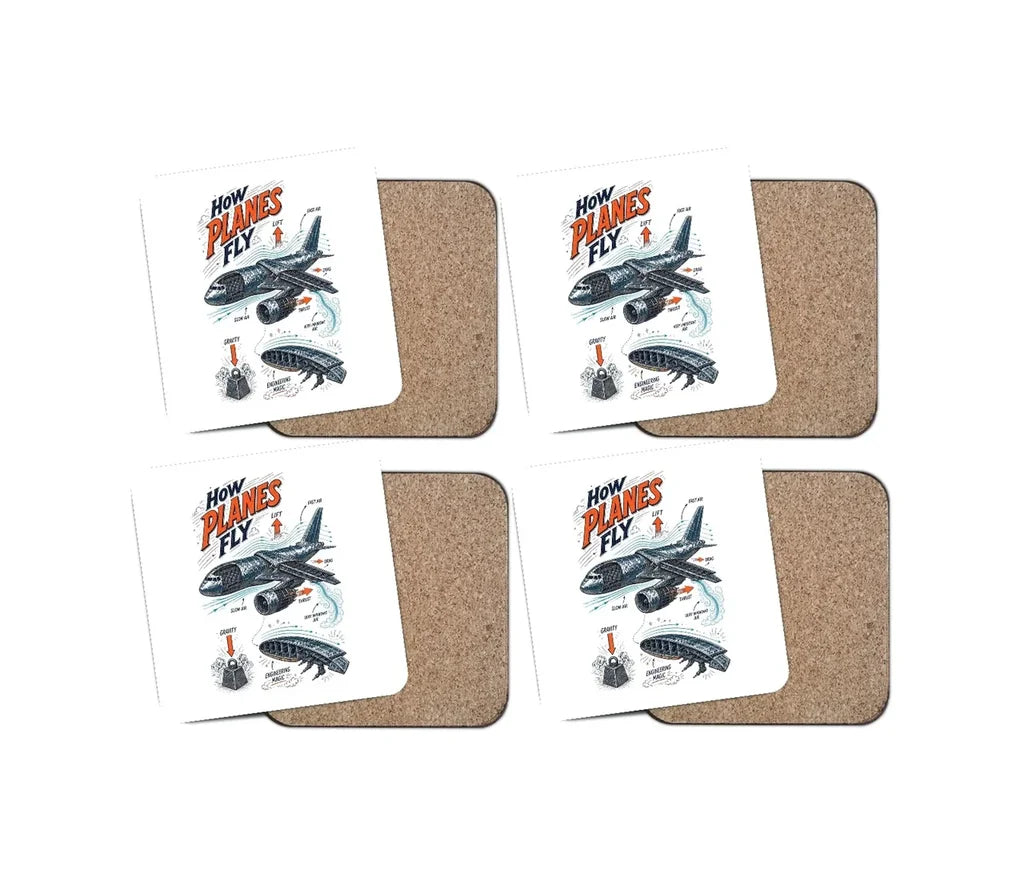 How Planes Fly V2 design on white 4 pieces set coaster