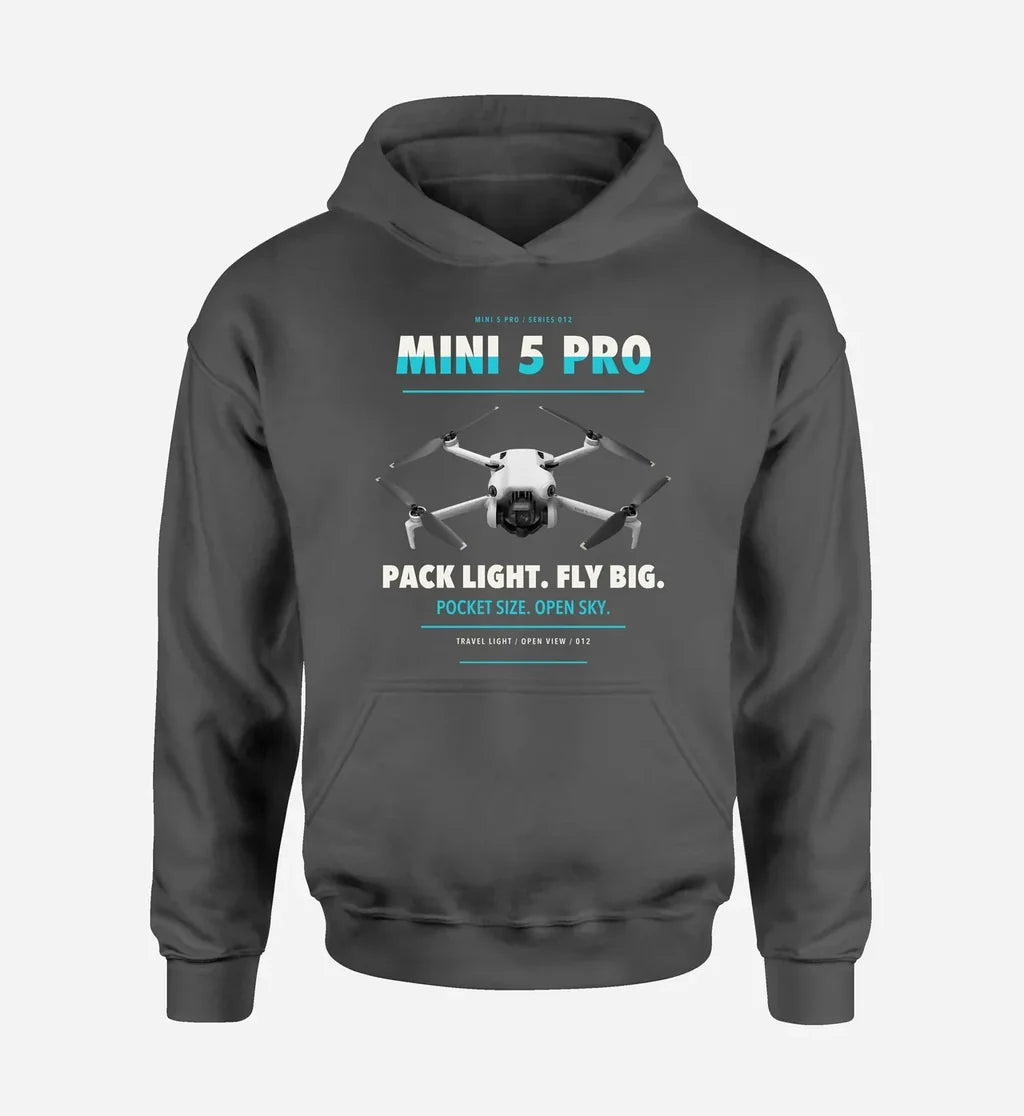 DJI Mini 5 Pro design on dark gray hoodie single side