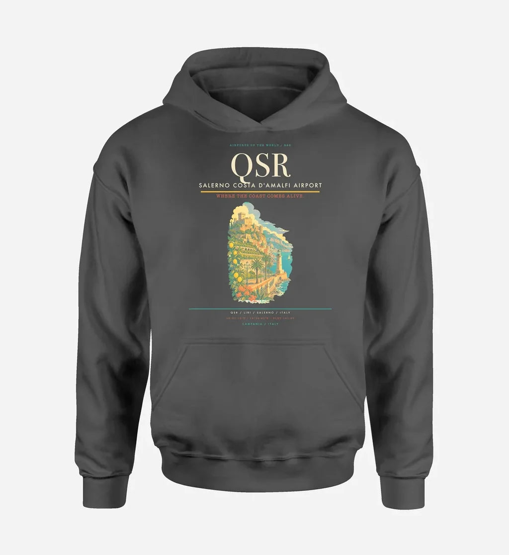 Salerno Costa d'Amalfi Airport (QSR) design on dark gray hoodie single-side print