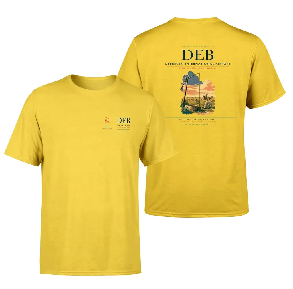 Debrecen International Airport (DEB) design printed on yellow double-side t-shirt