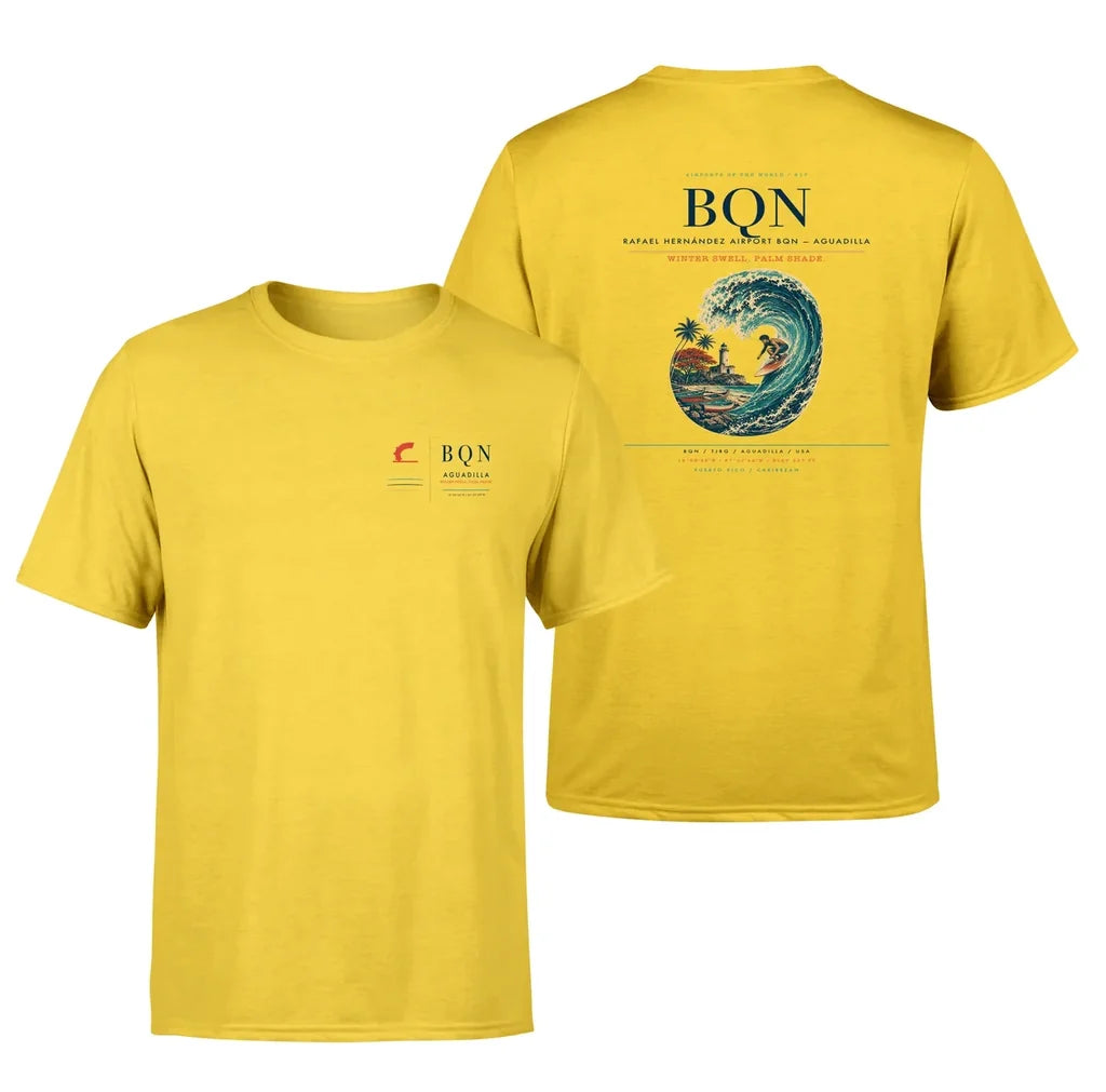 Rafael Hernández Airport (BQN) design printed on yellow double-side t-shirt