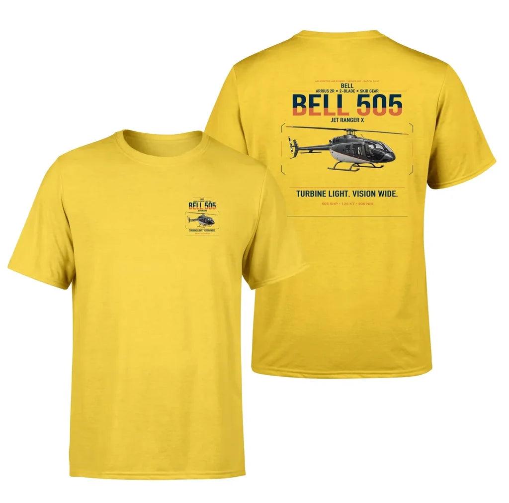 Bell 505 Jet Ranger X design on yellow t-shirt, double-side print