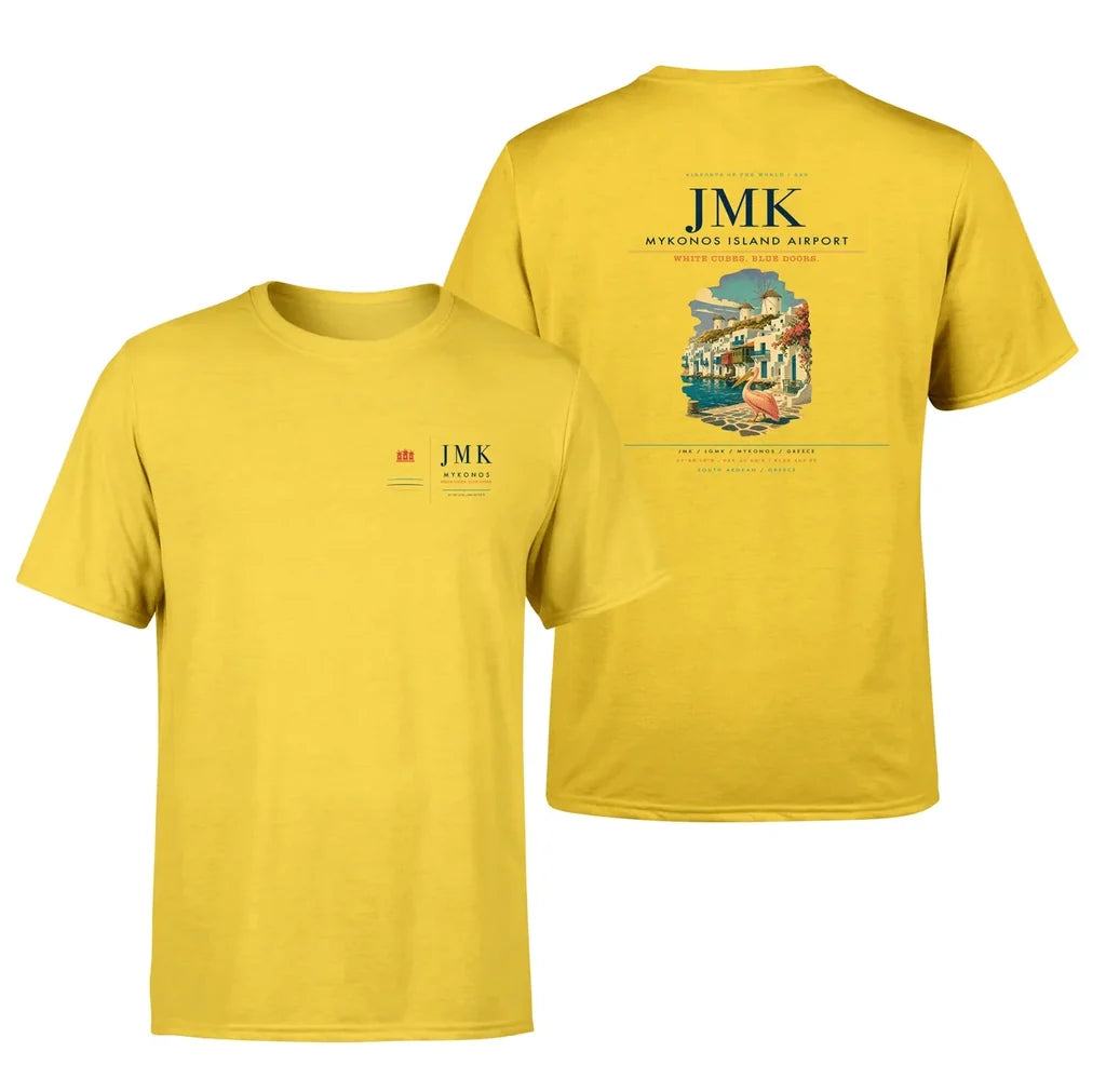Mykonos Island Airport (JMK) design printed on yellow double-side t-shirt