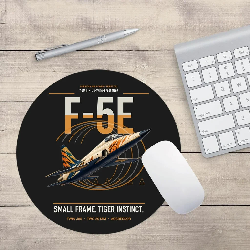 F-5E Tiger II design on black round mouse pad