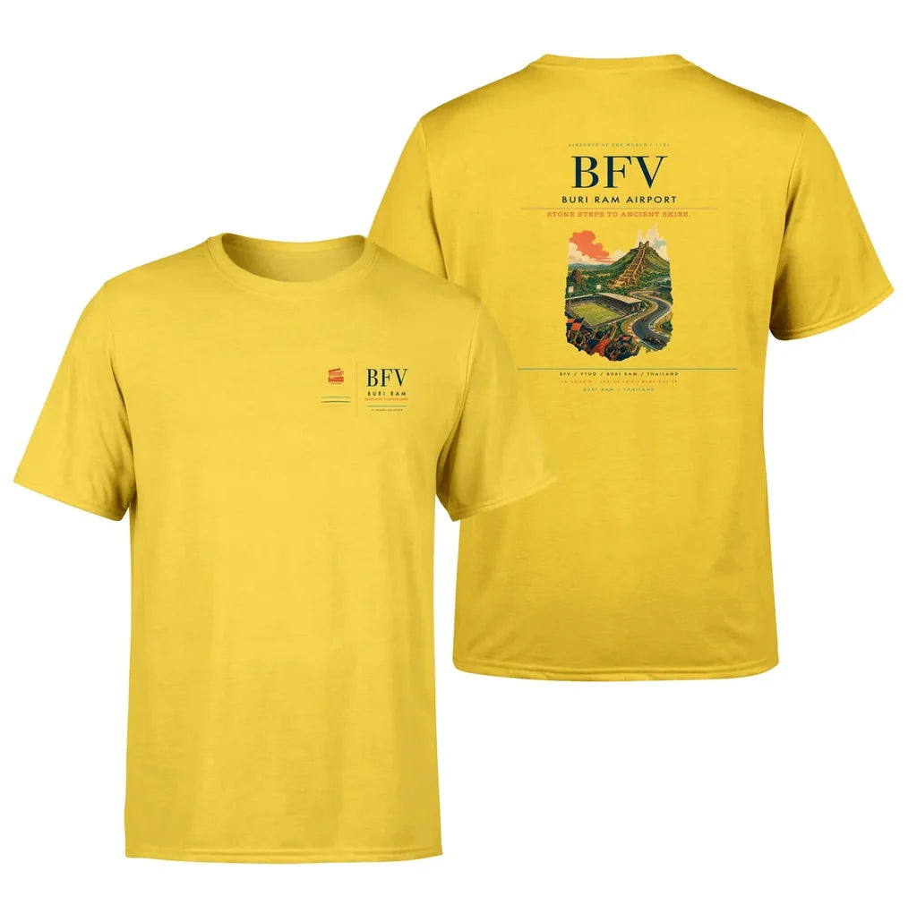 Buri Ram Airport (BFV) design printed on yellow double-side t-shirt