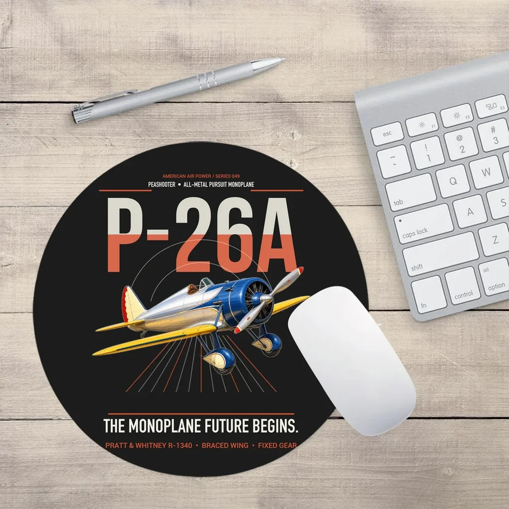 Boeing P-26A Peashooter design on black round mouse pad