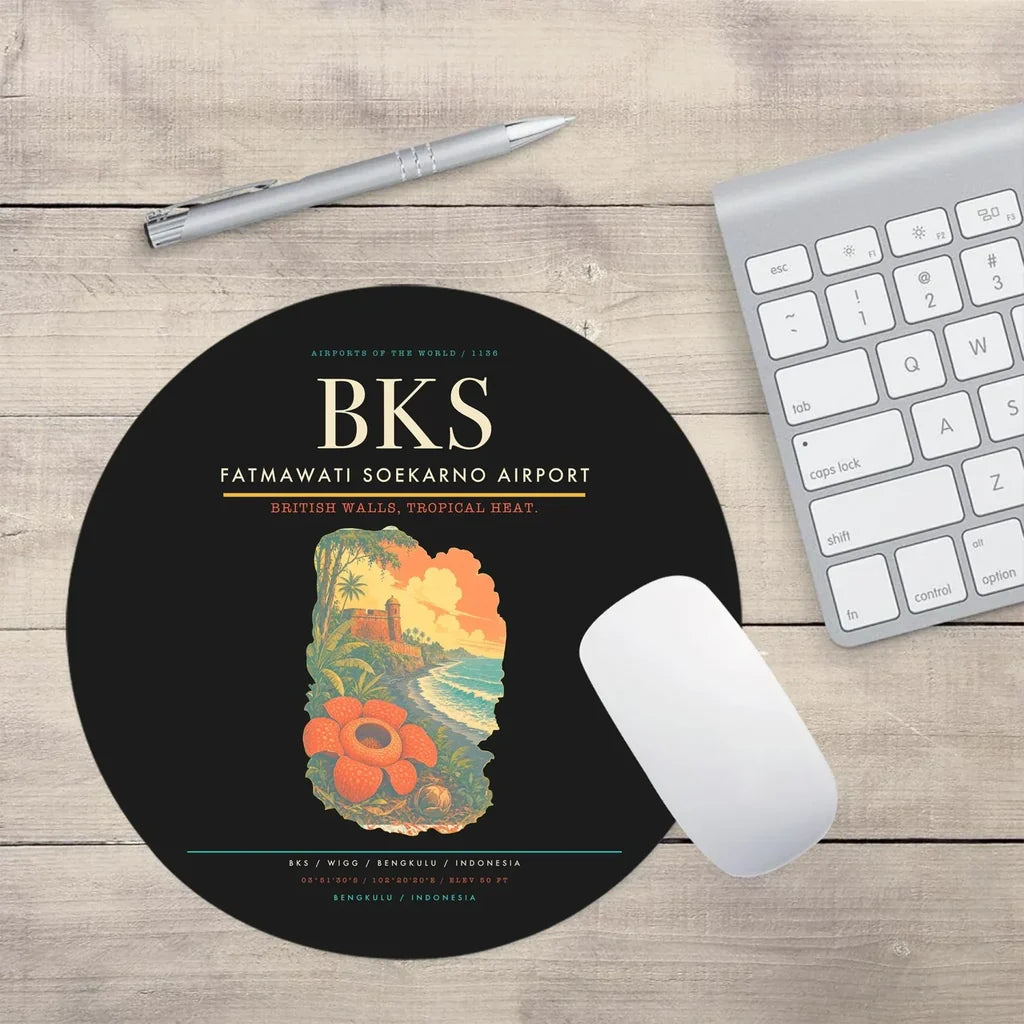 Fatmawati Soekarno Airport (BKS) design on black round mouse pad