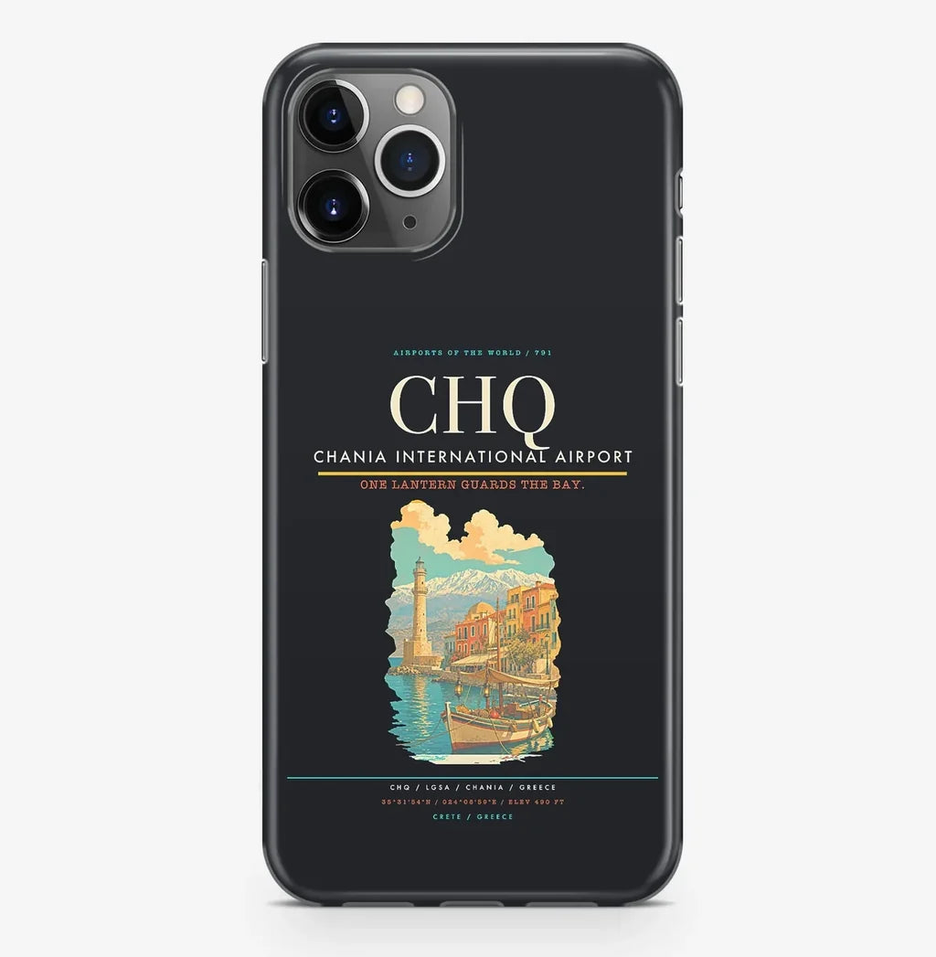 Chania Airport (CHQ) design on black iPhone 16 Pro MagSafe case