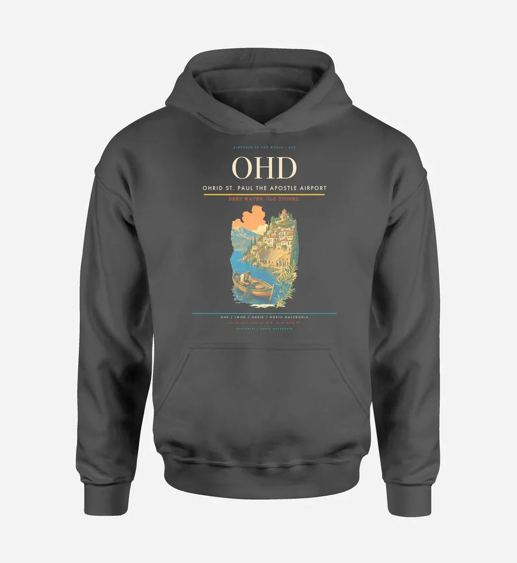 Ohrid St. Paul the Apostle Airport (OHD) design on dark gray hoodie single-side print