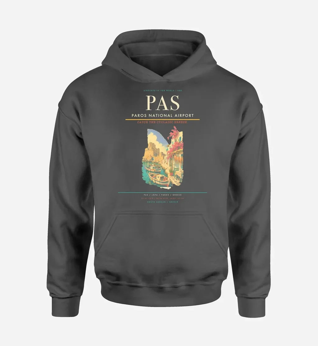 Paros National Airport (PAS) design on dark gray hoodie single-side print