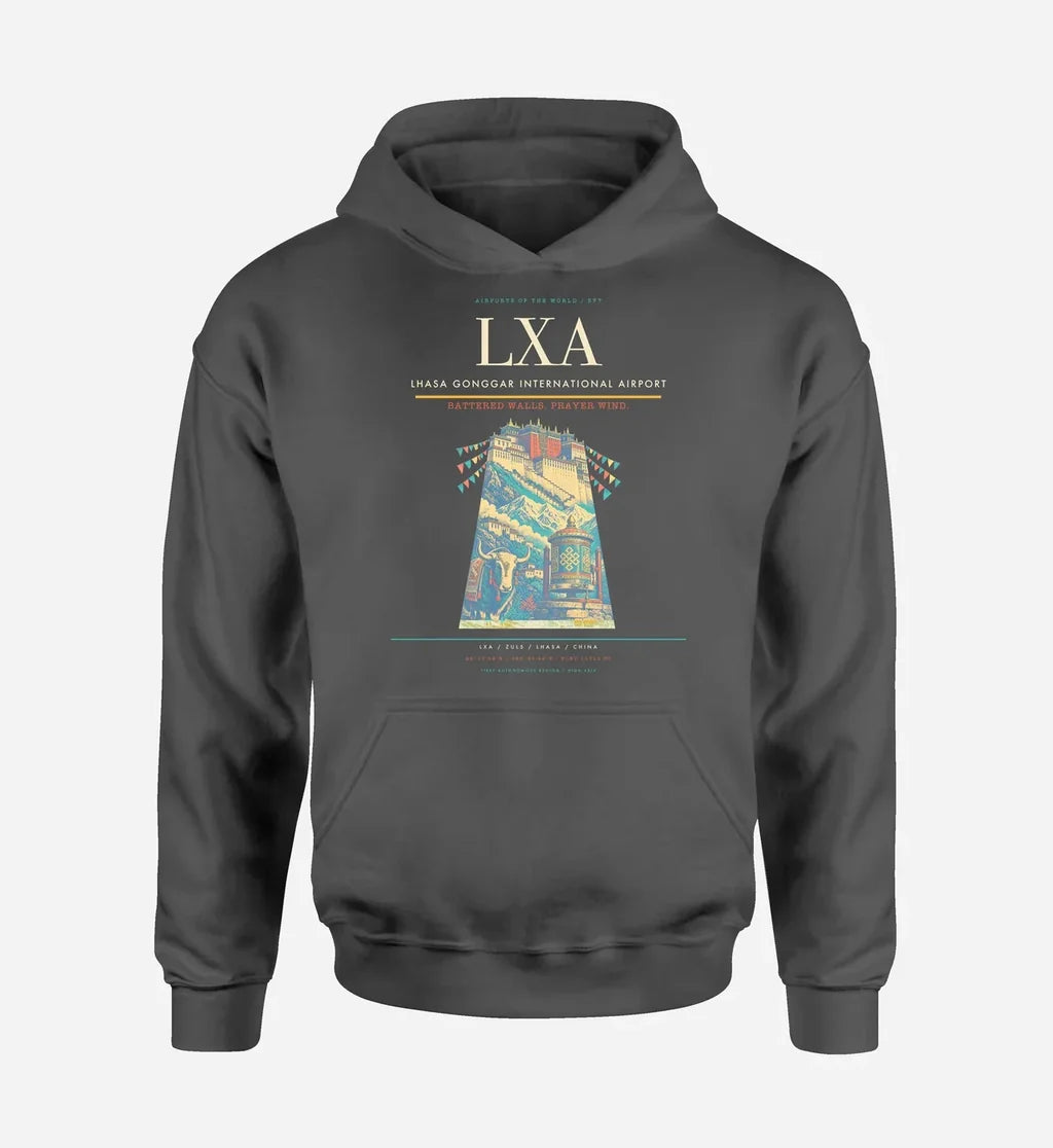 Lhasa Gonggar International Airport (LXA) design on dark gray hoodie single-side print