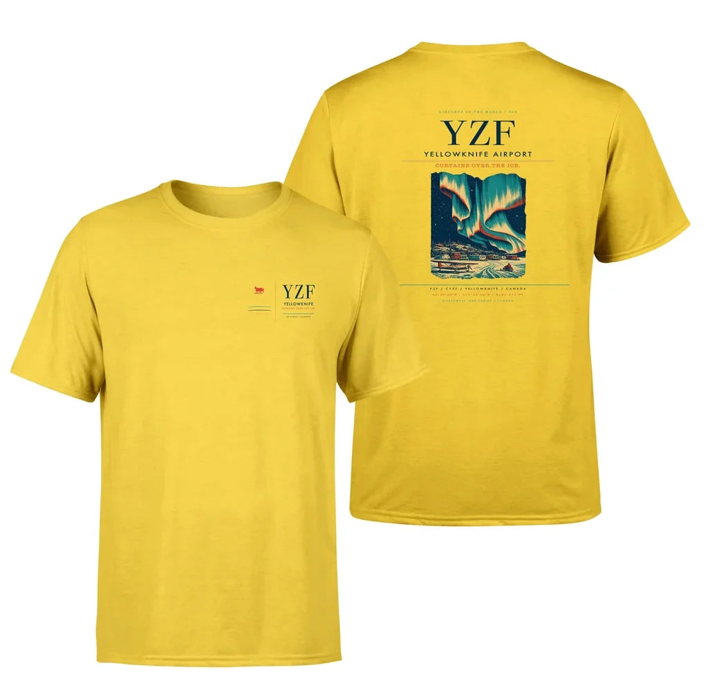 Yellowknife Airport (YZF) design printed on yellow double-side t-shirt
