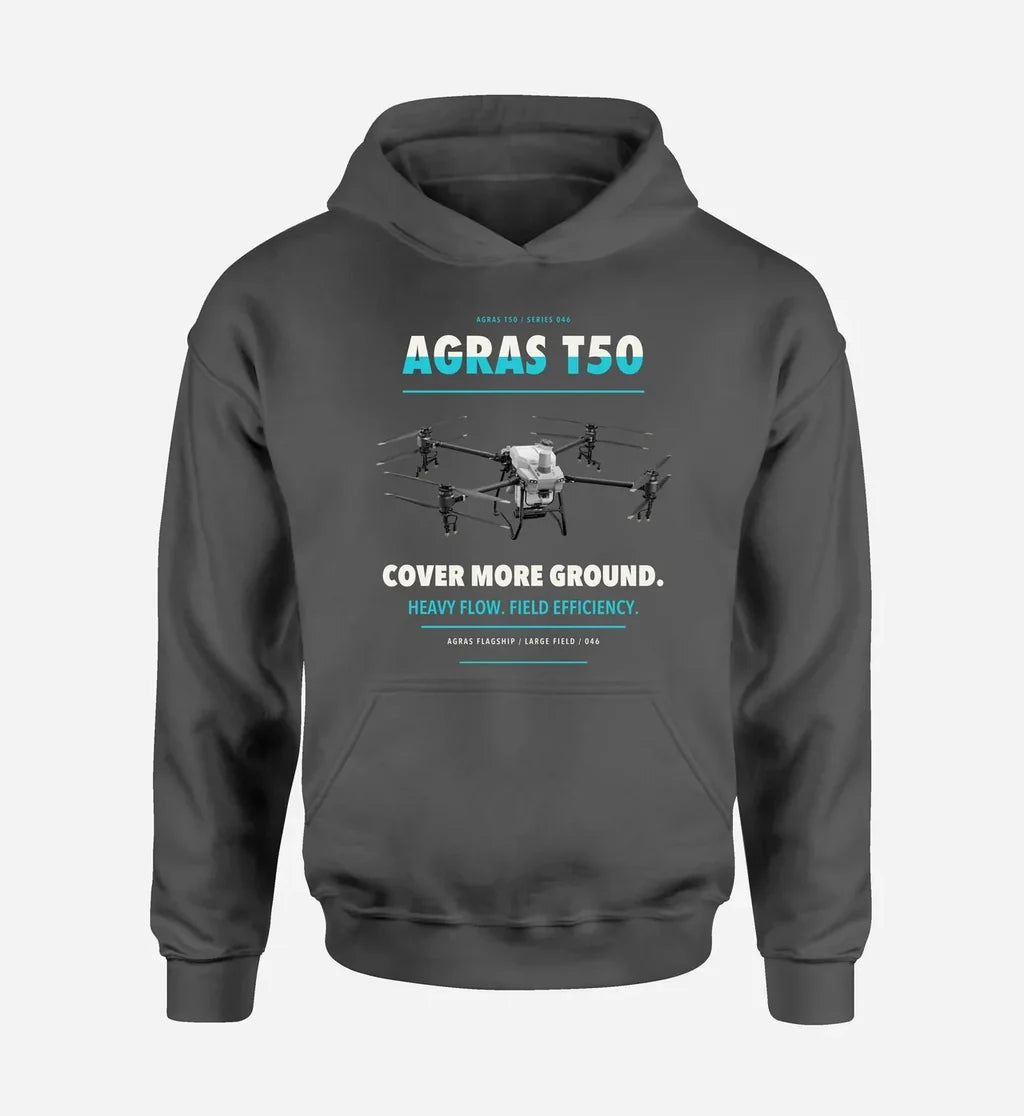 DJI Agras T50 design on dark gray hoodie single side