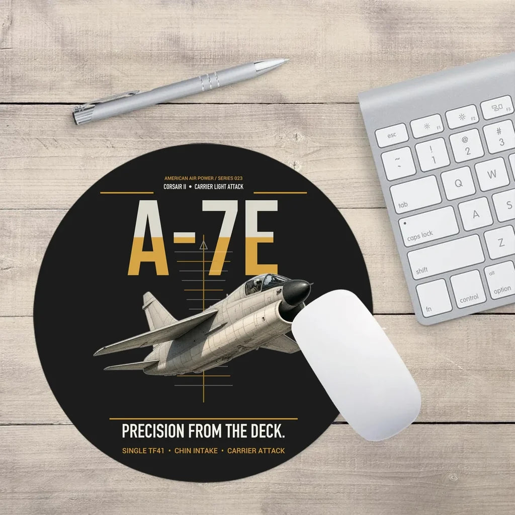A-7E Corsair II design on black round mouse pad