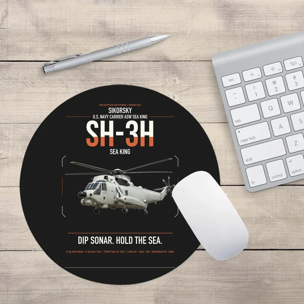 Sikorsky SH-3H Sea King design on black round mouse pad