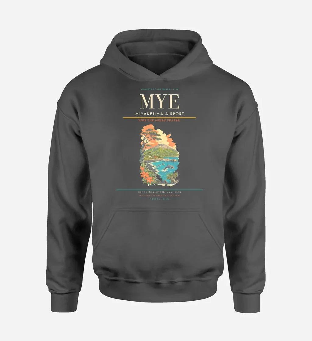 Miyakejima Airport (MYE) design on dark gray hoodie single-side print