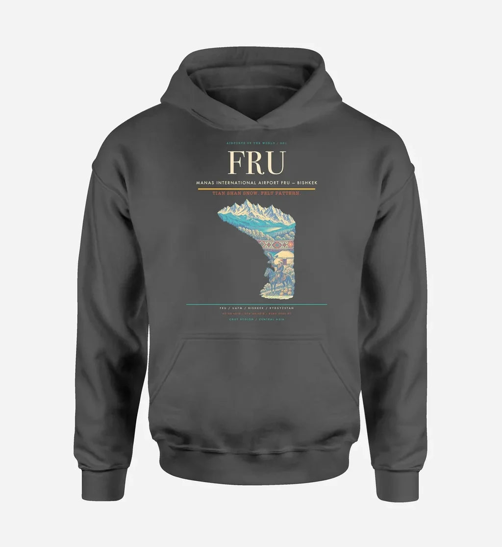 Manas International Airport (FRU) design on dark gray hoodie single-side print