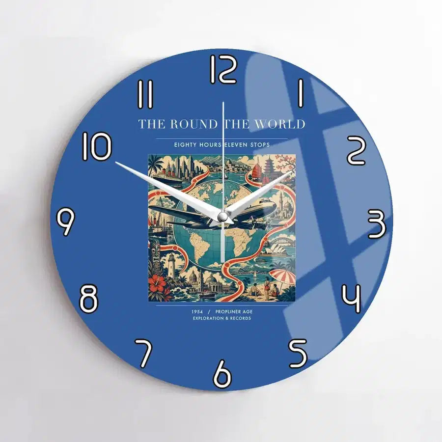 VINTAGE G4100 - The Round The World - Designed Wall Clocks design on blue no-frame