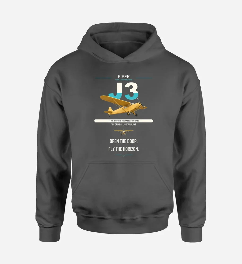 Piper J-3 Cub design on dark gray double-side hoodie, single-side print
