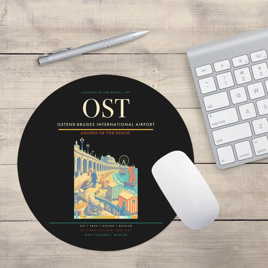 Ostend-Bruges International Airport (OST) design on black round mouse pad