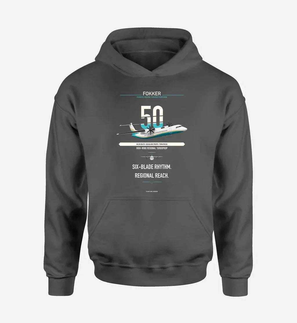 Fokker 50 design on dark gray double-side hoodie, single-side print