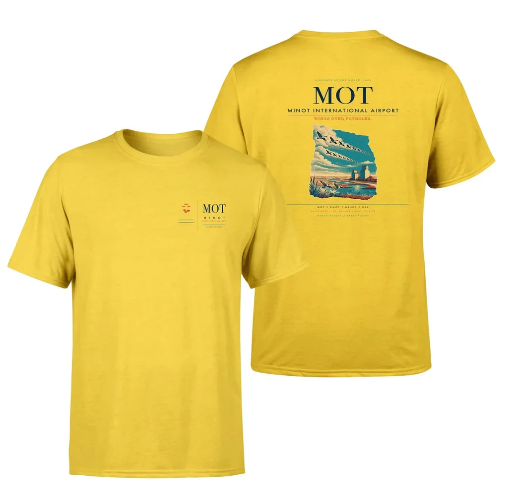 Minot International Airport (MOT) design printed on yellow double-side t-shirt