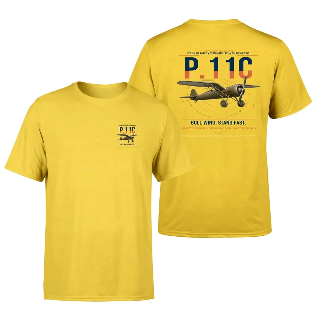 PZL P.11c design on yellow t-shirt, double-side print