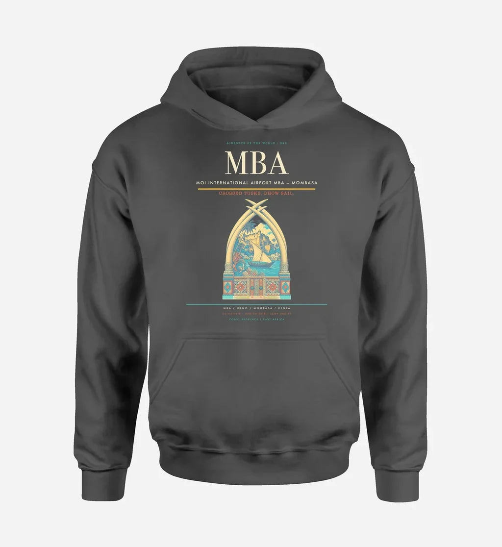 Moi International Airport (MBA) design on dark gray hoodie single-side print