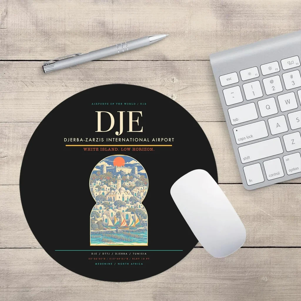 Djerba-Zarzis International Airport (DJE) design on black round mouse pad