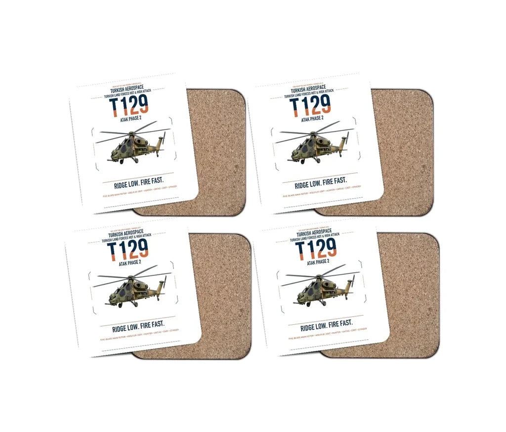 Turkish Aerospace T129 ATAK Phase 2 design on white 4 pieces set coaster