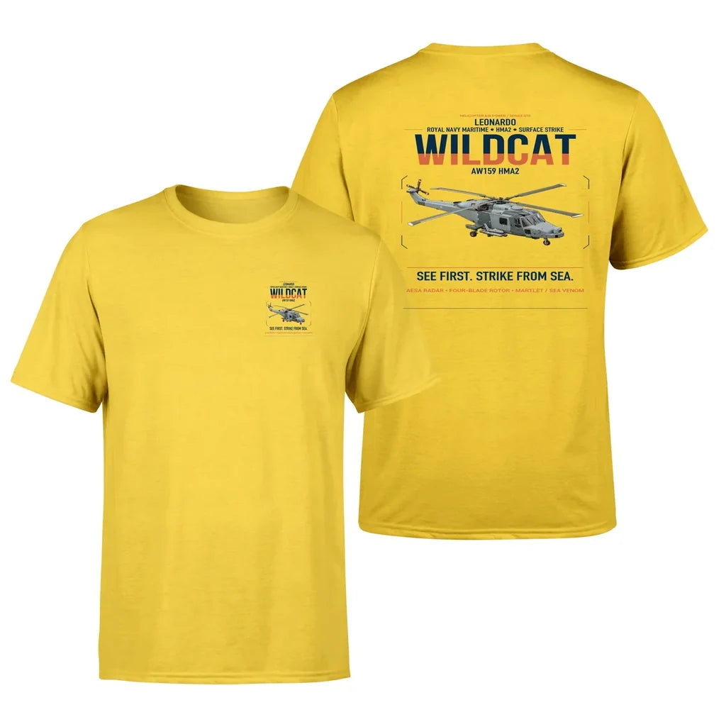 Leonardo AW159 Wildcat HMA2 design on yellow t-shirt, double-side print