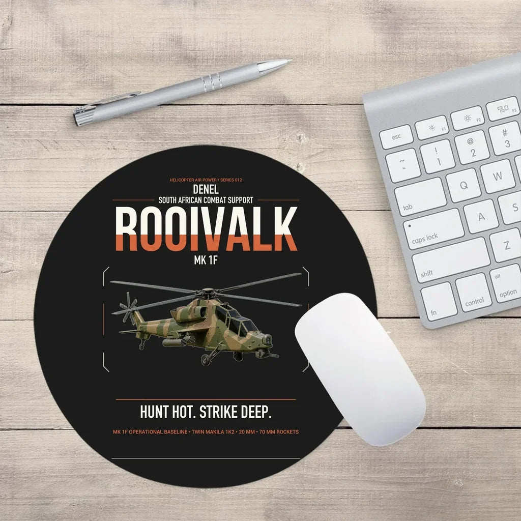Denel Rooivalk Mk 1F design on black round mouse pad