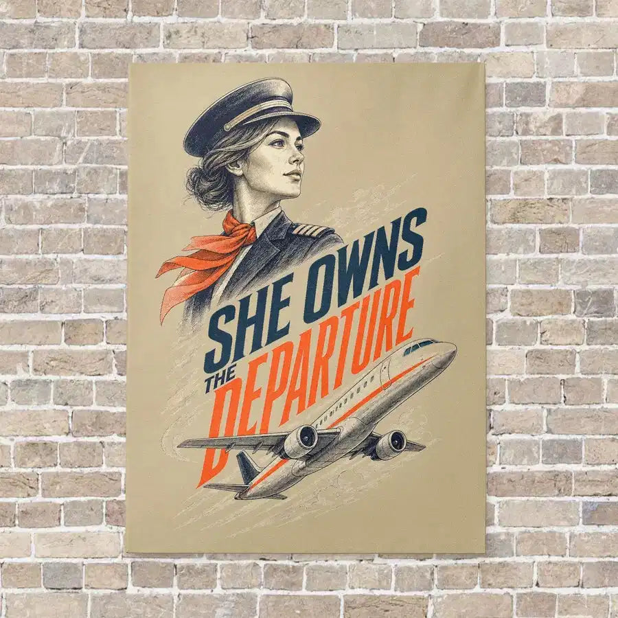 She Owns The Departure vertical canvas print - no frame - beige background