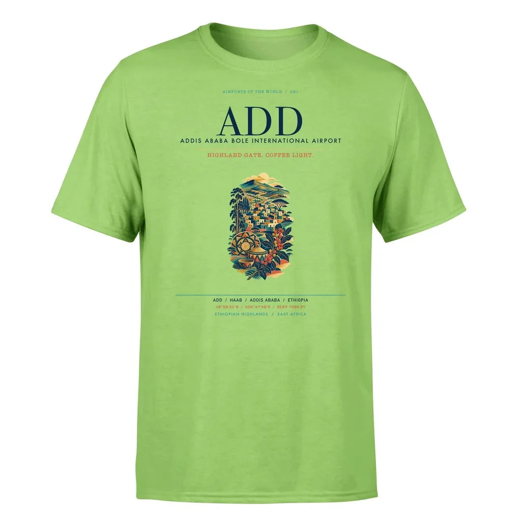 Addis Ababa Airport (ADD) T-Shirt single-side front print in Light Green | addis-ababa-add-airport-double-side-t-shirt