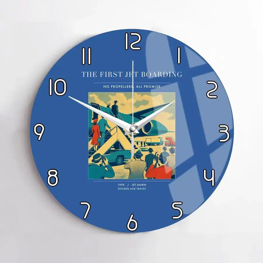 VINTAGE G4228 - The First Jet Boarding - Designed Wall Clocks design on blue no-frame
