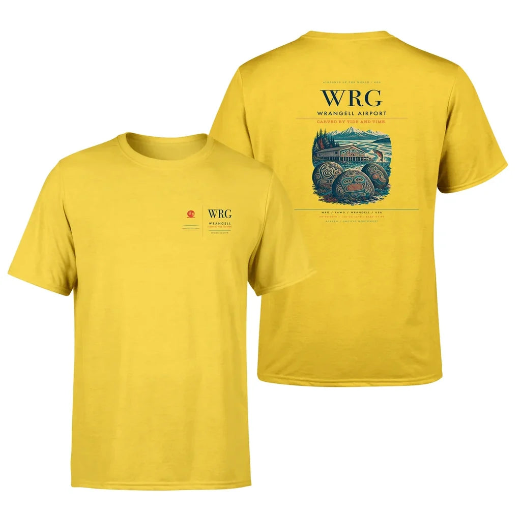 Wrangell Airport (WRG) design printed on yellow double-side t-shirt