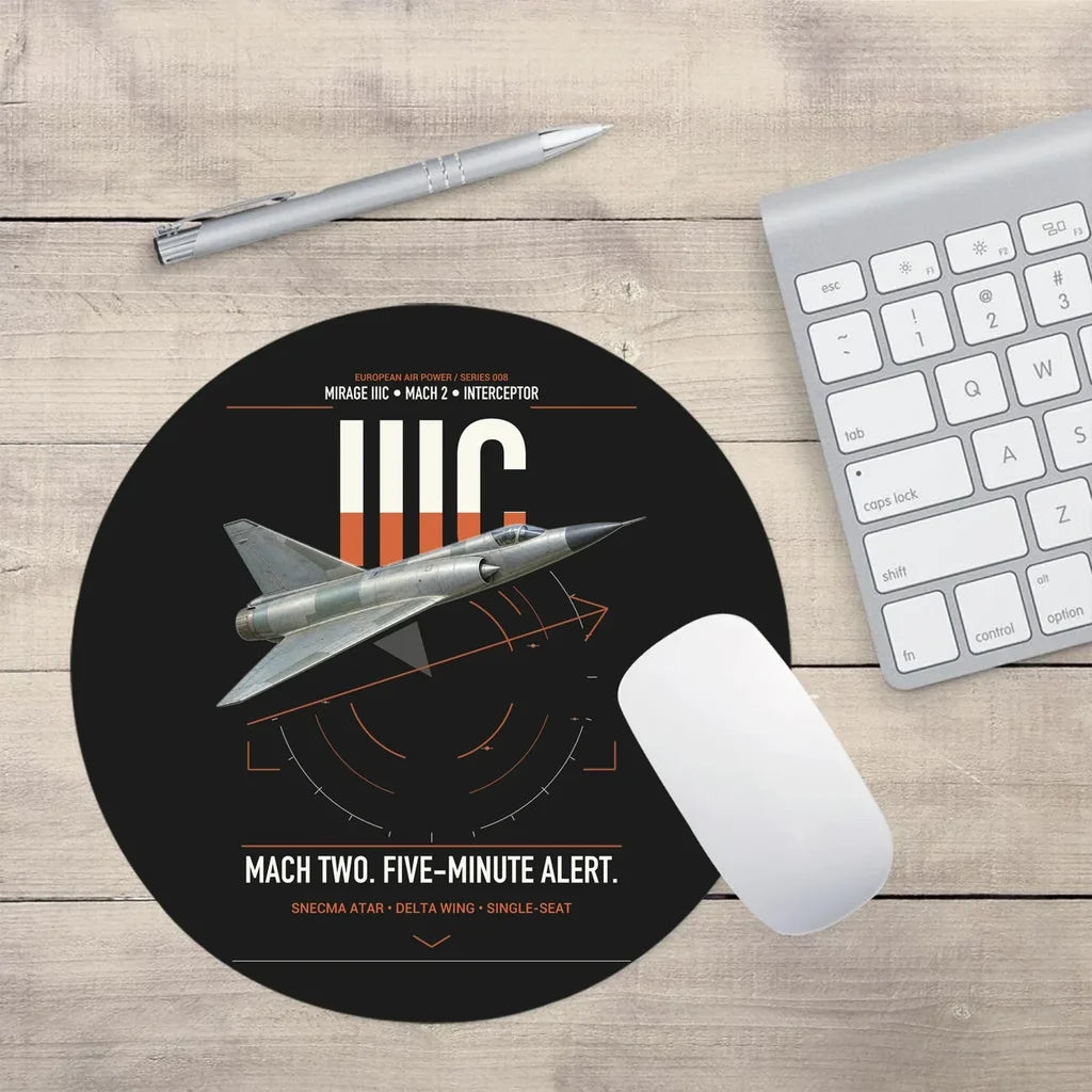 Dassault Mirage IIIC design on black round mouse pad