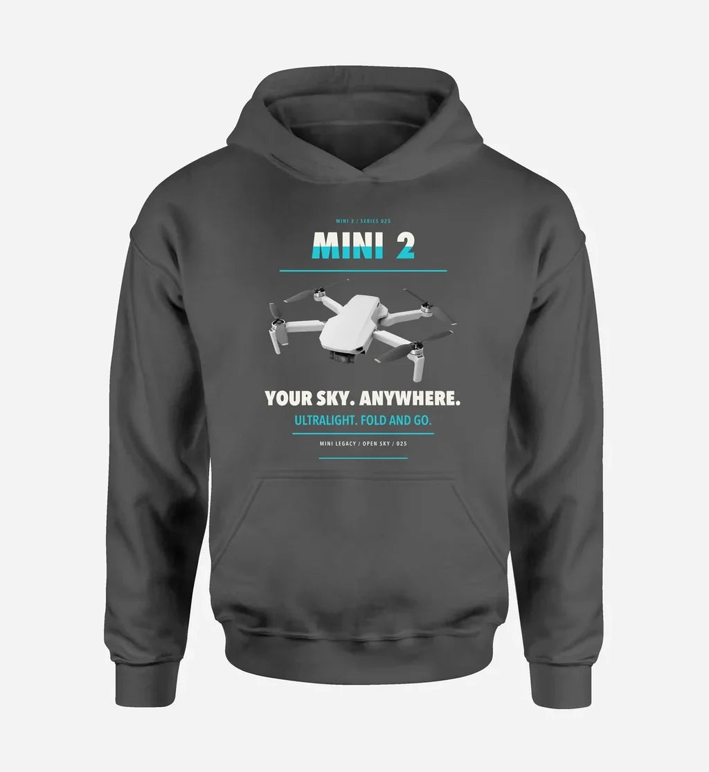 DJI Mini 2 design on dark gray hoodie single side