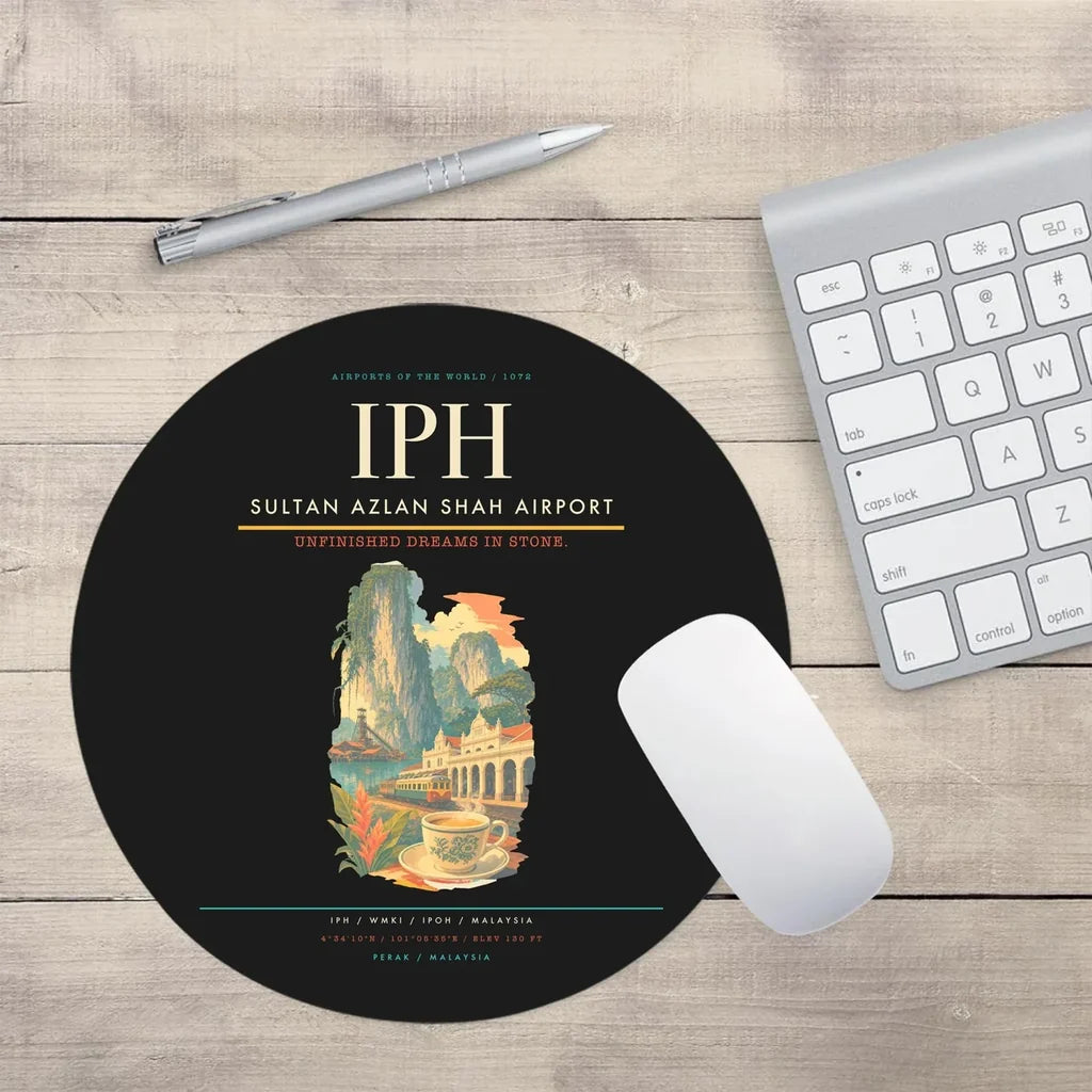 Sultan Azlan Shah Airport (IPH) design on black round mouse pad