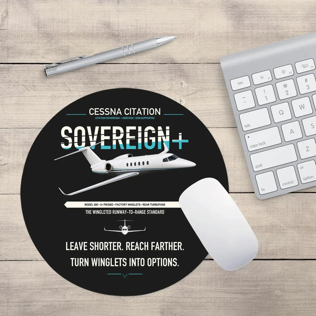 Cessna Citation Sovereign+ design on black round mouse pad