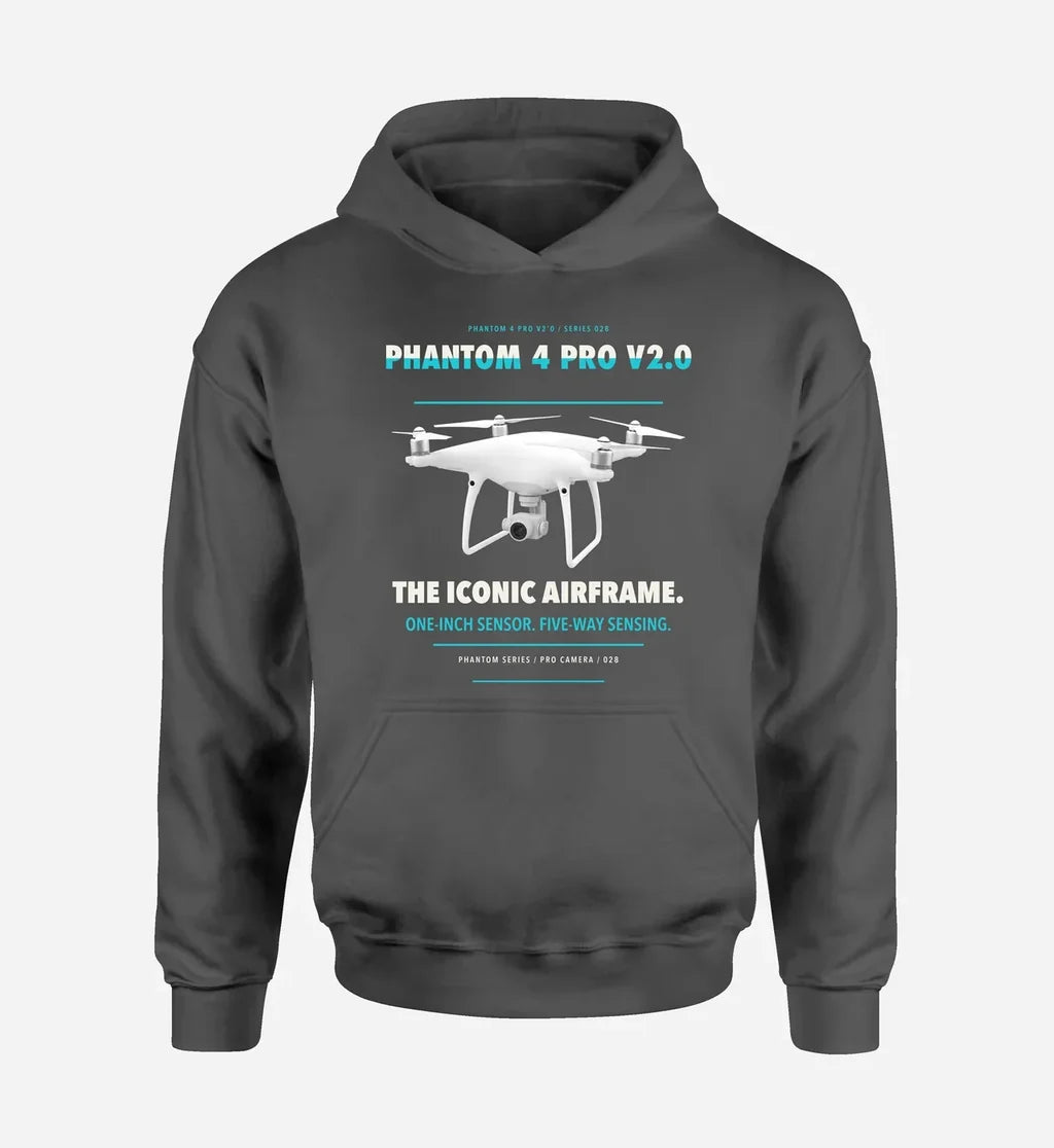 DJI Phantom 4 Pro V2.0 design on dark gray hoodie single side
