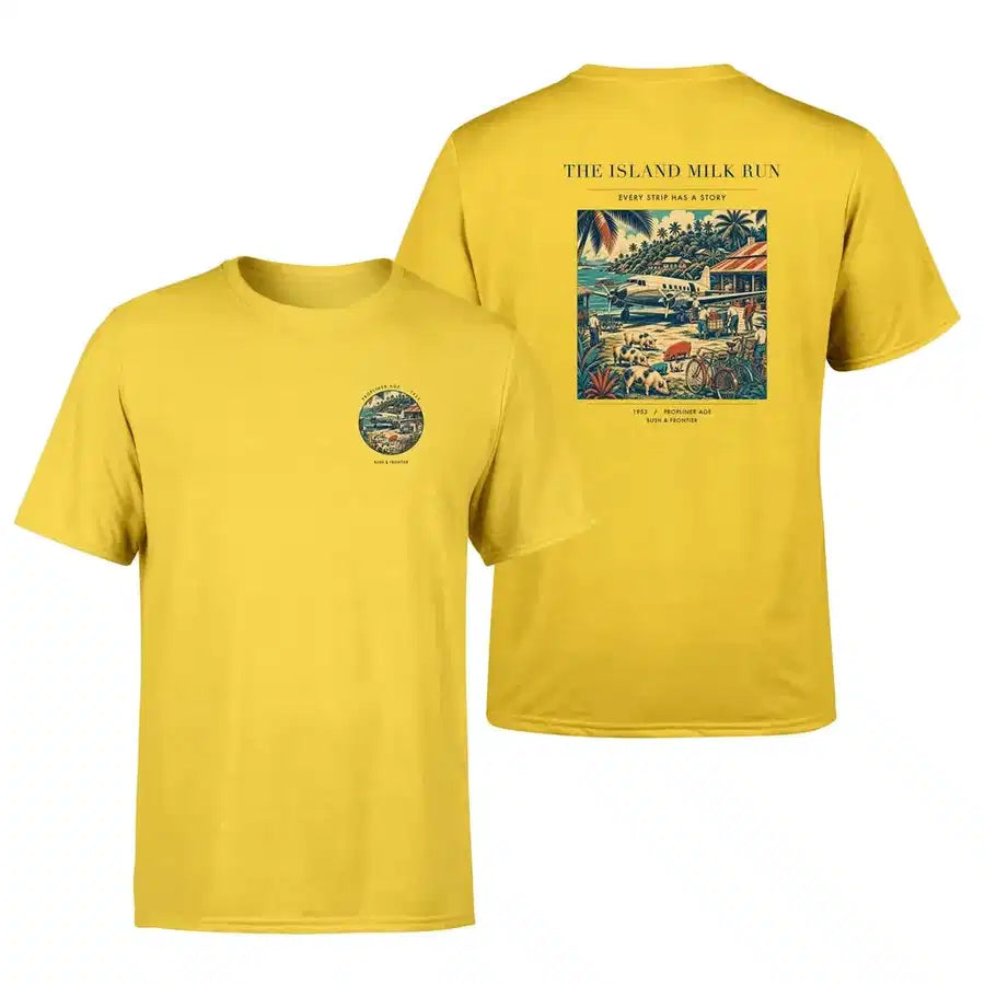 VINTAGE G4084 - The Island Milk Run - Double-Side T-Shirt design on yellow double side t shirt