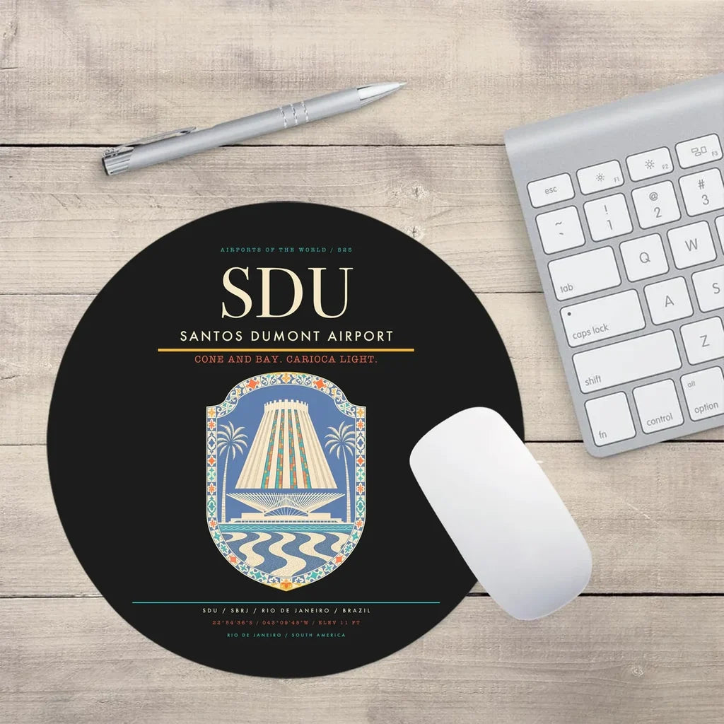 Santos Dumont Airport (SDU) design on black round mouse pad
